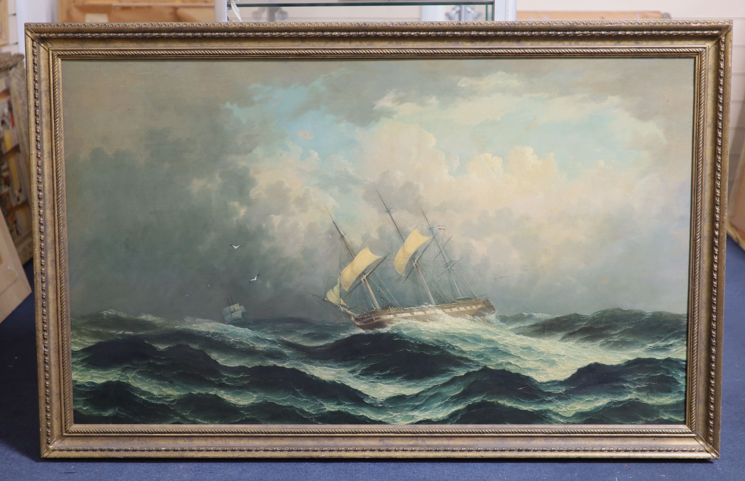 Follower of Samuel Walters (1811-1882), Three masted sailing vessel on a storm tossed sea, oil on canvas, 74 x 125 cm